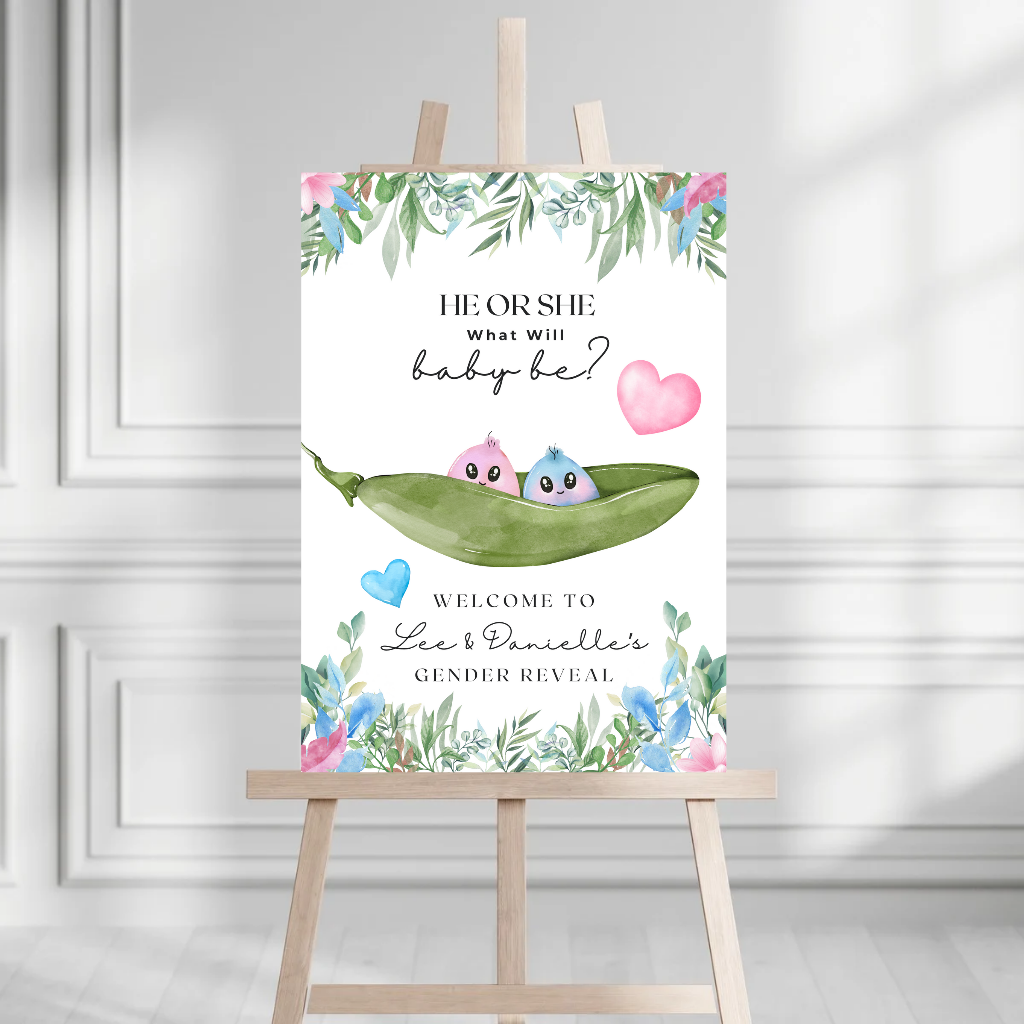 Peas In A Pod, Baby, Twin, Gender Reveal Welcome Board Sign | Personalised Gender Reveal Board | Party Sign | A4, A3, A2