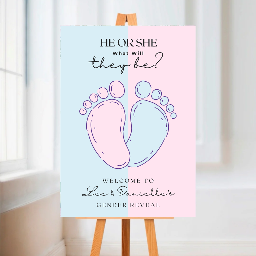 Pink Blue Baby Feet Footprint Gender Reveal Welcome Board Sign | Personalised Gender Reveal Board | Party Sign | A4, A3, A2