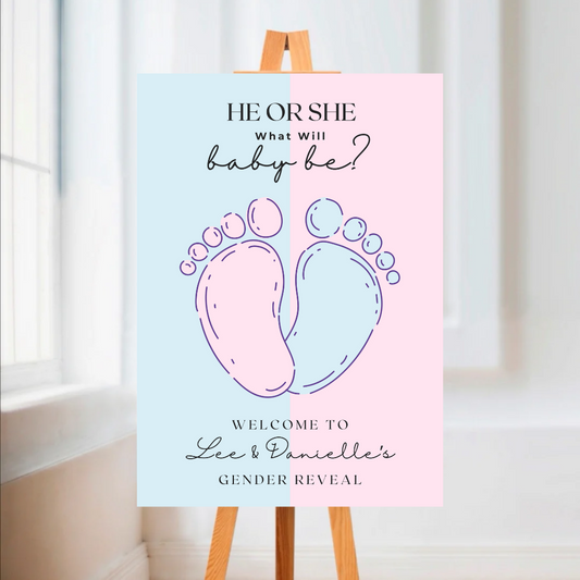 Pink Blue Baby Feet Footprint Gender Reveal Welcome Board Sign | Personalised Gender Reveal Board | Party Sign | A4, A3, A2