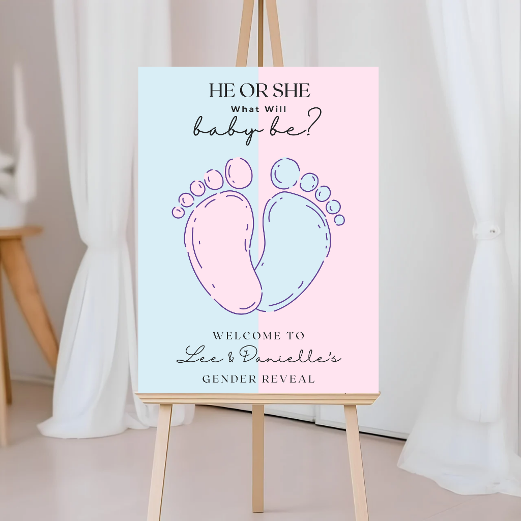 Pink Blue Baby Feet Footprint Gender Reveal Welcome Board Sign | Personalised Gender Reveal Board | Party Sign | A4, A3, A2