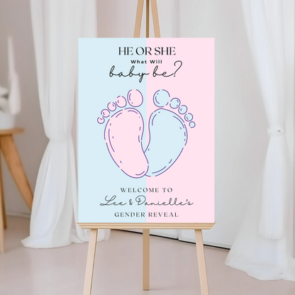 Pink Blue Baby Feet Footprint Gender Reveal Welcome Board Sign | Personalised Gender Reveal Board | Party Sign | A4, A3, A2