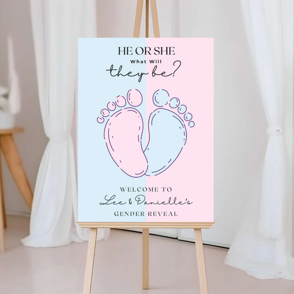 Pink Blue Baby Feet Footprint Gender Reveal Welcome Board Sign | Personalised Gender Reveal Board | Party Sign | A4, A3, A2