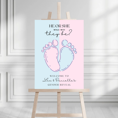 Pink Blue Baby Feet Footprint Gender Reveal Welcome Board Sign | Personalised Gender Reveal Board | Party Sign | A4, A3, A2