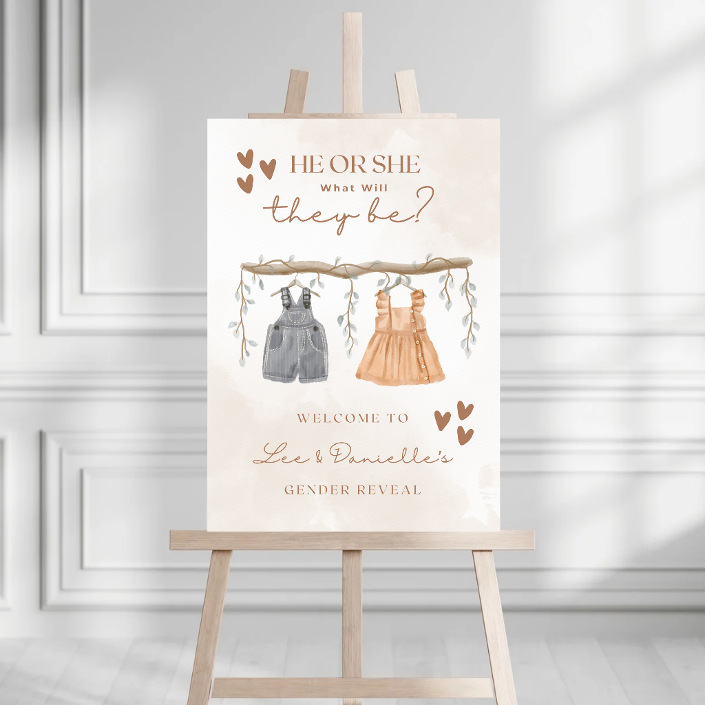 Neutral Baby Outfits Gender Reveal Welcome Board Sign | Personalised Gender Reveal Board | Party Sign | A4, A3, A2