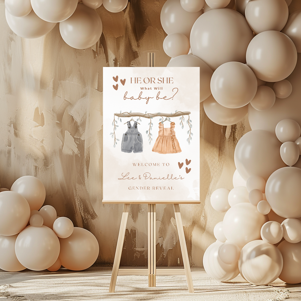 Neutral Baby Outfits Gender Reveal Welcome Board Sign | Personalised Gender Reveal Board | Party Sign | A4, A3, A2