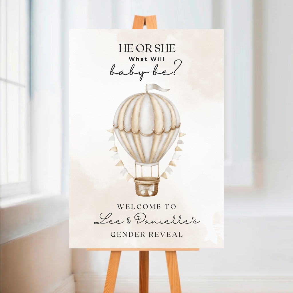 Neutral Beige Hot Air Balloon Gender Reveal Welcome Board Sign | Personalised Gender Reveal Board | Party Sign | A4, A3, A2