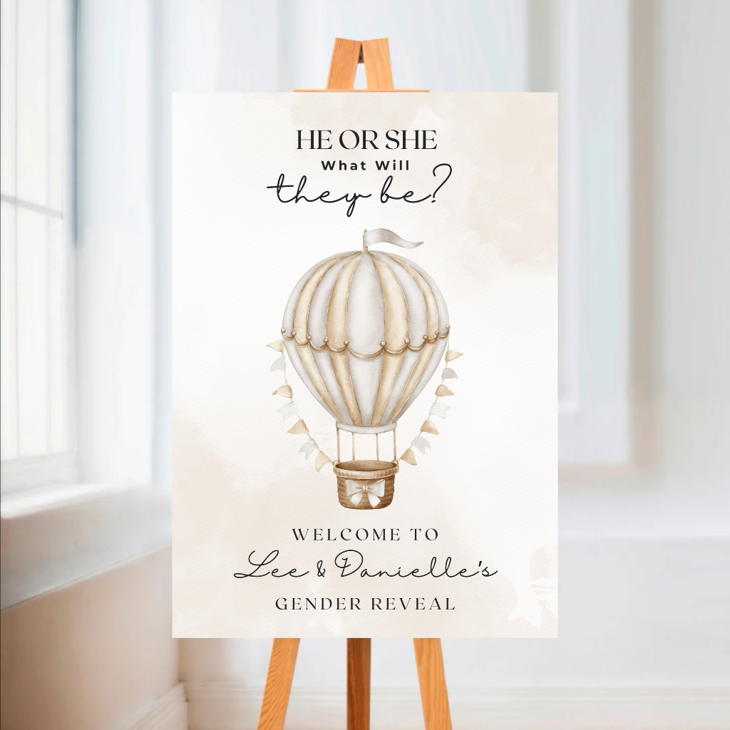 Neutral Beige Hot Air Balloon Gender Reveal Welcome Board Sign | Personalised Gender Reveal Board | Party Sign | A4, A3, A2