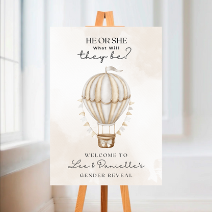 Neutral Beige Hot Air Balloon Gender Reveal Welcome Board Sign | Personalised Gender Reveal Board | Party Sign | A4, A3, A2