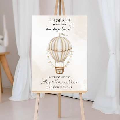 Neutral Beige Hot Air Balloon Gender Reveal Welcome Board Sign | Personalised Gender Reveal Board | Party Sign | A4, A3, A2