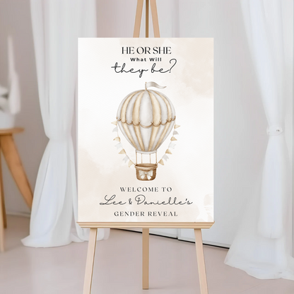 Neutral Beige Hot Air Balloon Gender Reveal Welcome Board Sign | Personalised Gender Reveal Board | Party Sign | A4, A3, A2