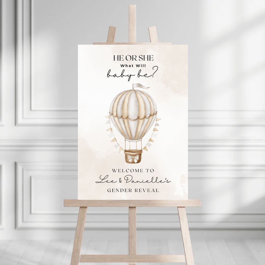 Neutral Beige Hot Air Balloon Gender Reveal Welcome Board Sign | Personalised Gender Reveal Board | Party Sign | A4, A3, A2