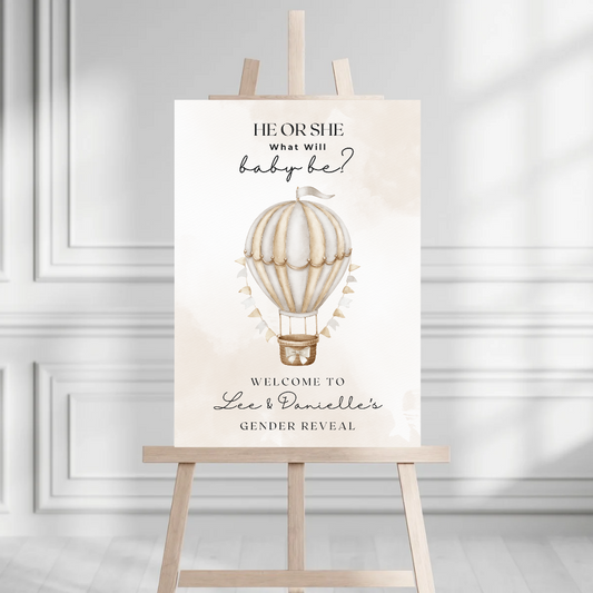 Neutral Beige Hot Air Balloon Gender Reveal Welcome Board Sign | Personalised Gender Reveal Board | Party Sign | A4, A3, A2