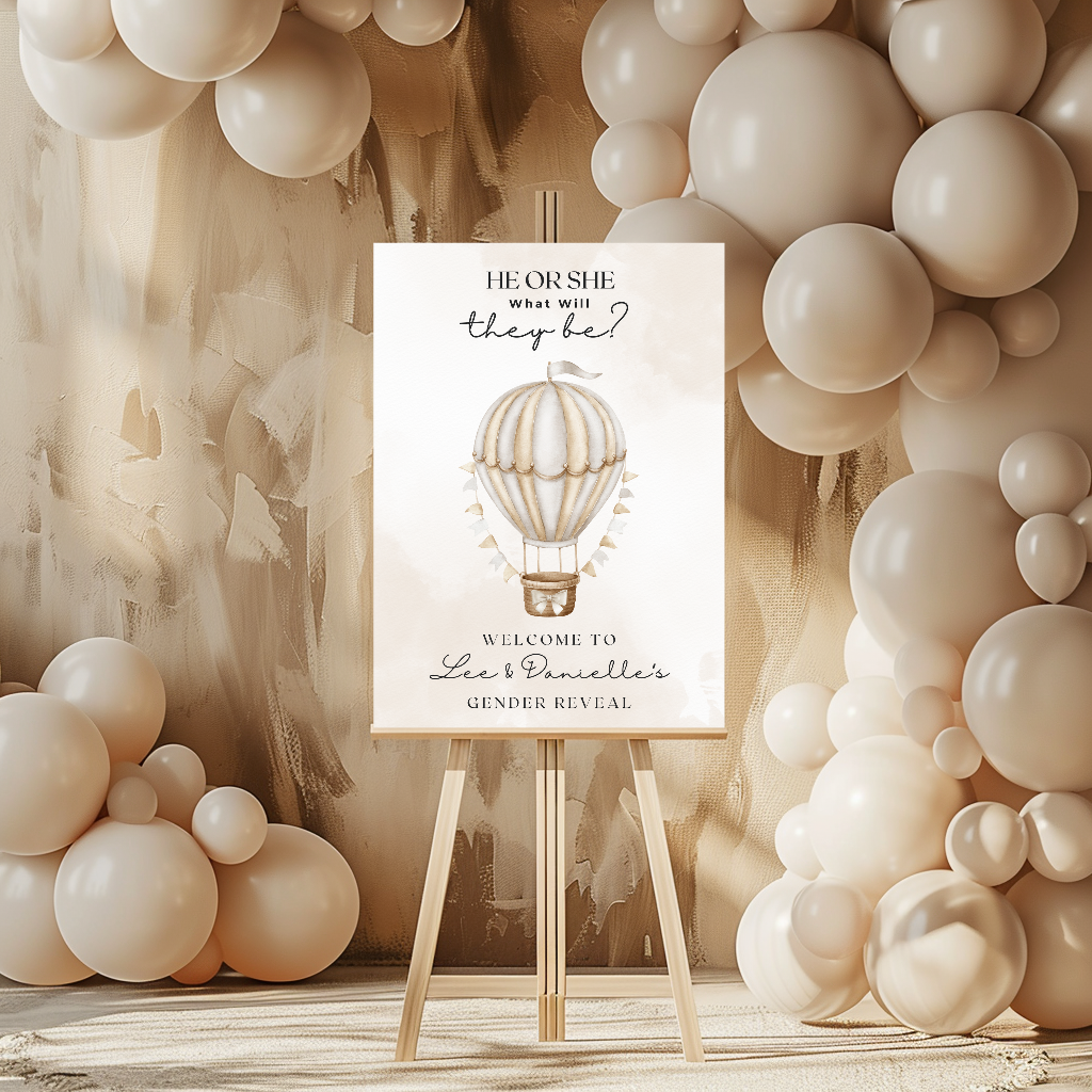 Neutral Beige Hot Air Balloon Gender Reveal Welcome Board Sign | Personalised Gender Reveal Board | Party Sign | A4, A3, A2