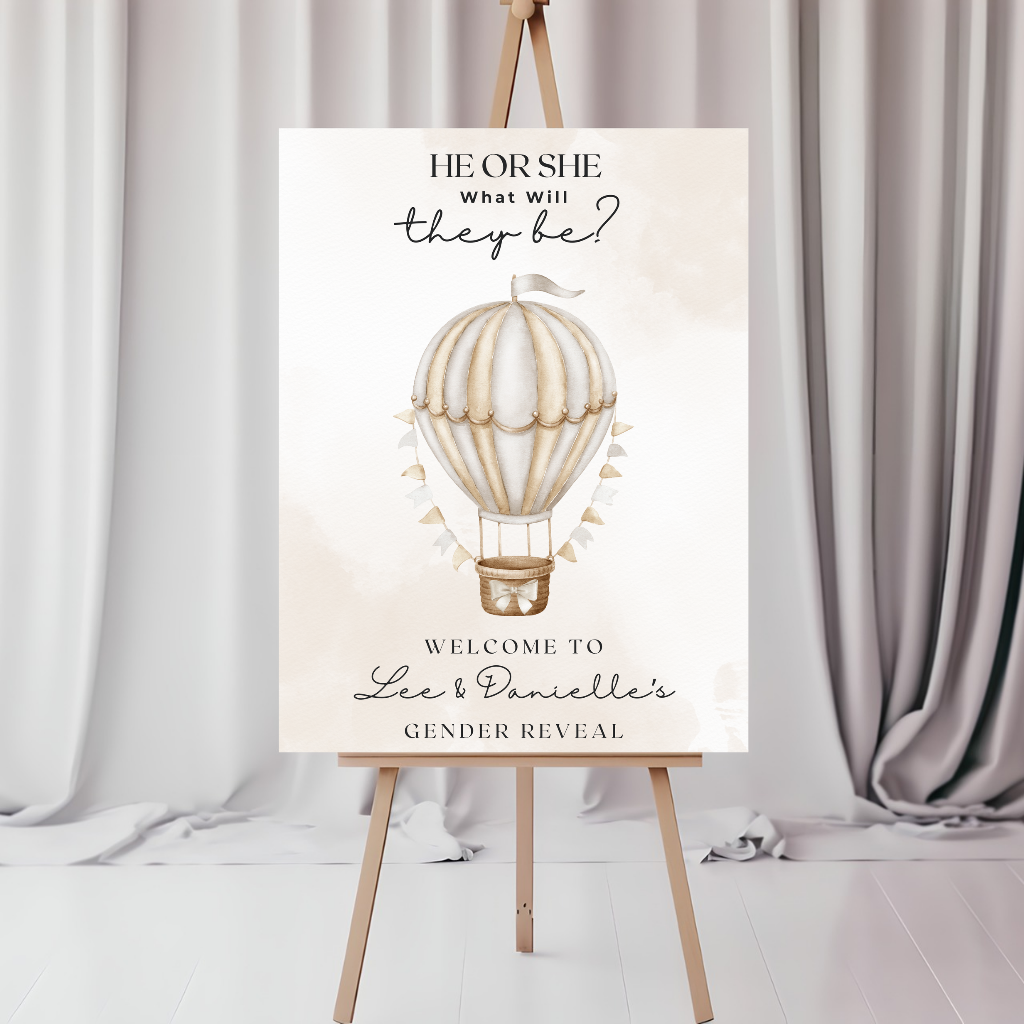 Neutral Beige Hot Air Balloon Gender Reveal Welcome Board Sign | Personalised Gender Reveal Board | Party Sign | A4, A3, A2