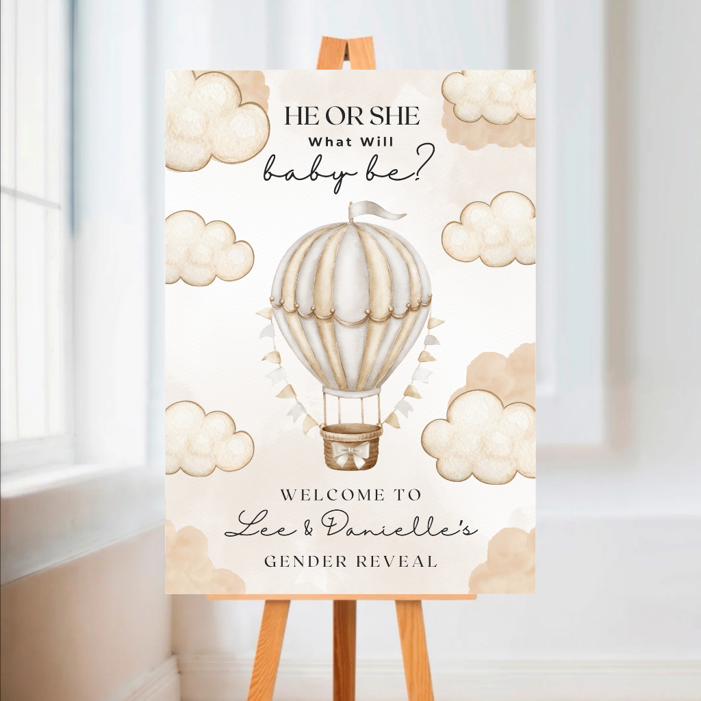 INSTANT EDITABLE DOWNLOAD - Neutral Beige Hot Air Balloon Cloud Gender Reveal Welcome Board Party Sign | Personalised Gender Reveal Board - Dinky Designs