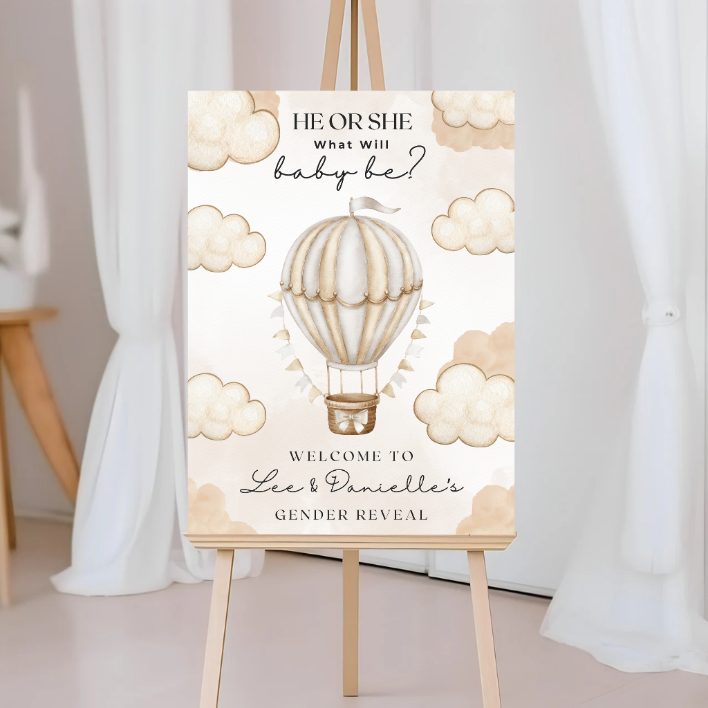 INSTANT EDITABLE DOWNLOAD - Neutral Beige Hot Air Balloon Cloud Gender Reveal Welcome Board Party Sign | Personalised Gender Reveal Board - Dinky Designs