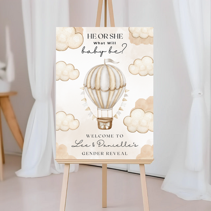 INSTANT EDITABLE DOWNLOAD - Neutral Beige Hot Air Balloon Cloud Gender Reveal Welcome Board Party Sign | Personalised Gender Reveal Board - Dinky Designs