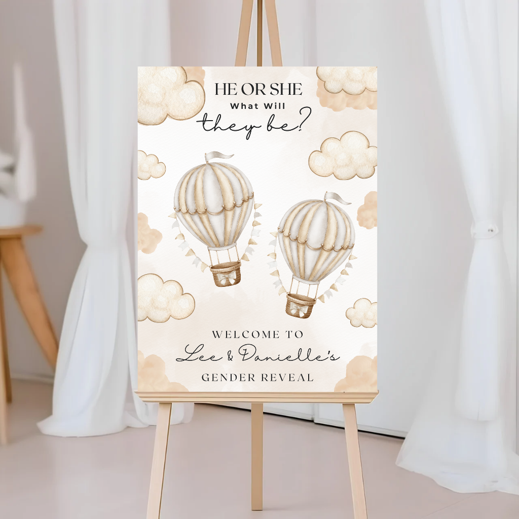 Beige Hot Air Balloons Twin Gender Reveal Welcome Board Sign | Personalised Twin Gender Reveal Board | Party Sign | A4, A3, A2