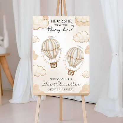 Beige Hot Air Balloons Twin Gender Reveal Welcome Board Sign | Personalised Twin Gender Reveal Board | Party Sign | A4, A3, A2