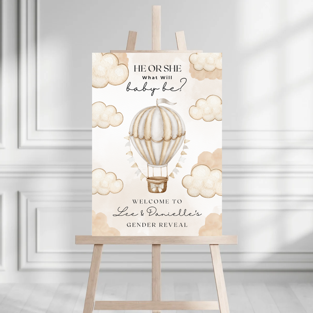 INSTANT EDITABLE DOWNLOAD - Neutral Beige Hot Air Balloon Cloud Gender Reveal Welcome Board Party Sign | Personalised Gender Reveal Board - Dinky Designs