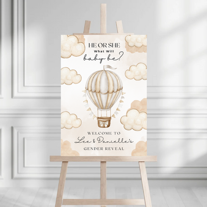 INSTANT EDITABLE DOWNLOAD - Neutral Beige Hot Air Balloon Cloud Gender Reveal Welcome Board Party Sign | Personalised Gender Reveal Board - Dinky Designs