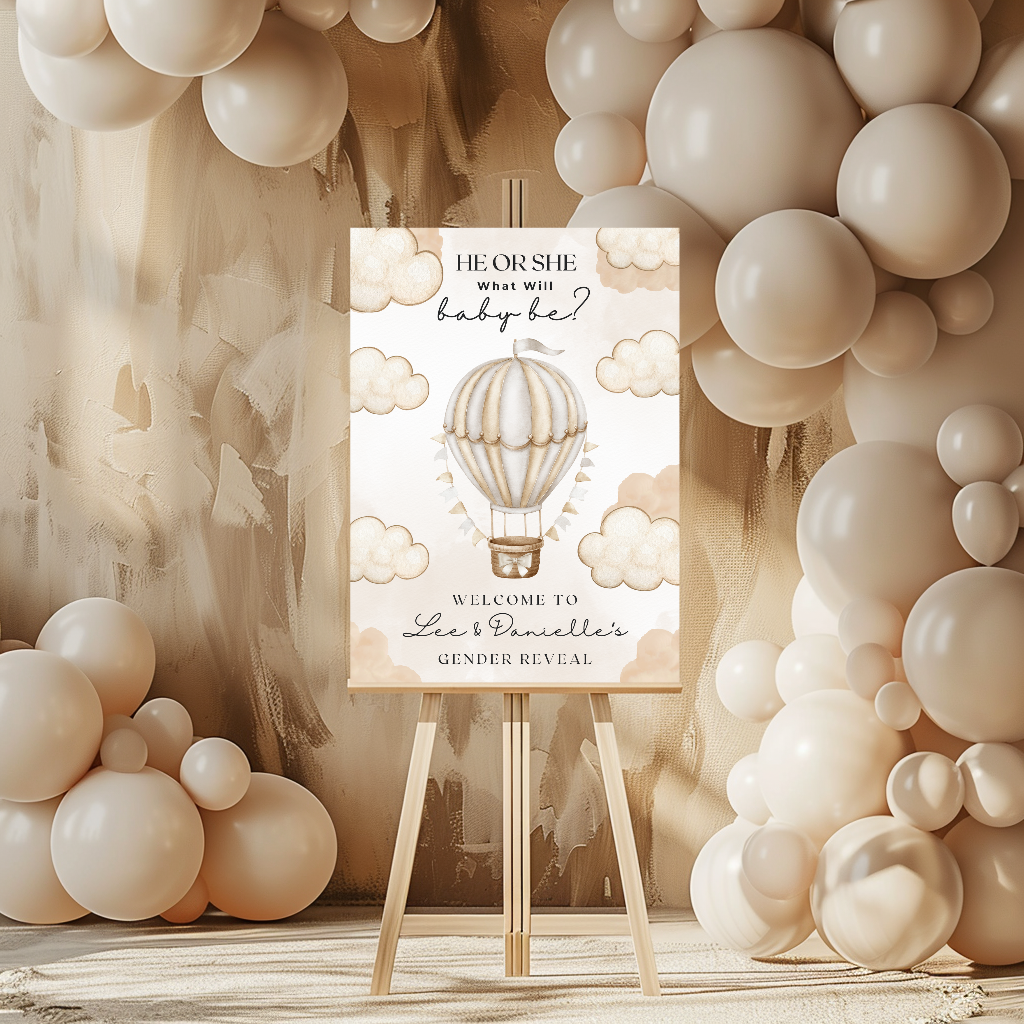 INSTANT EDITABLE DOWNLOAD - Neutral Beige Hot Air Balloon Cloud Gender Reveal Welcome Board Party Sign | Personalised Gender Reveal Board - Dinky Designs