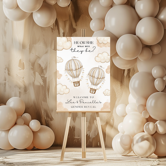 Beige Hot Air Balloons Twin Gender Reveal Welcome Board Sign | Personalised Twin Gender Reveal Board | Party Sign | A4, A3, A2