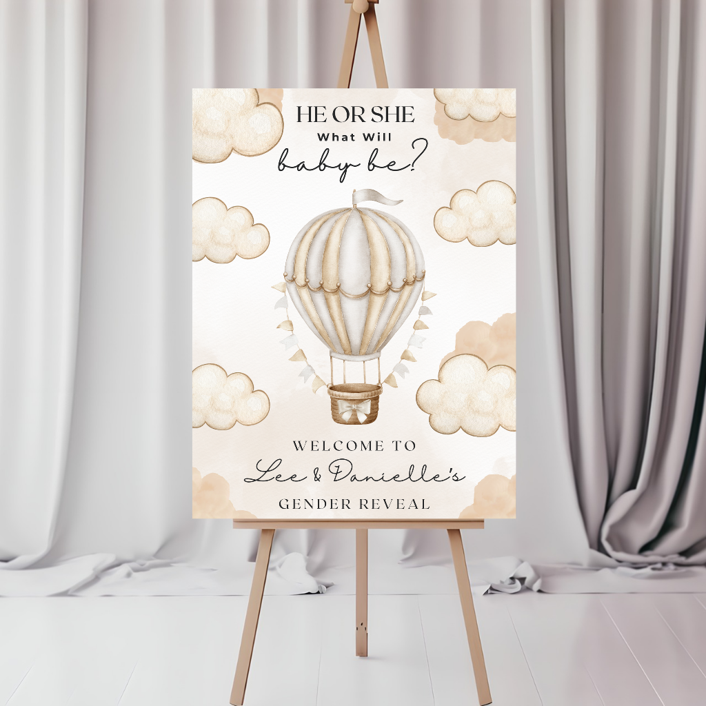 INSTANT EDITABLE DOWNLOAD - Neutral Beige Hot Air Balloon Cloud Gender Reveal Welcome Board Party Sign | Personalised Gender Reveal Board - Dinky Designs