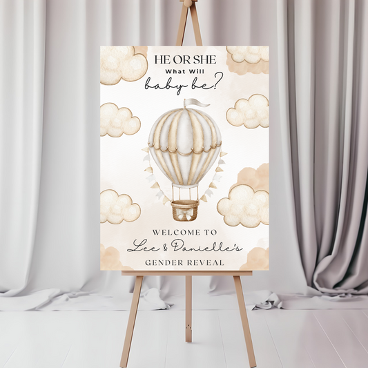 INSTANT EDITABLE DOWNLOAD - Neutral Beige Hot Air Balloon Cloud Gender Reveal Welcome Board Party Sign | Personalised Gender Reveal Board - Dinky Designs