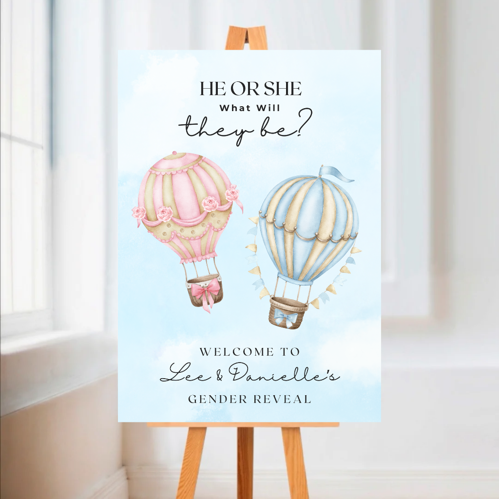 Pink Blue Hot Air Balloon Gender Reveal Welcome Board Sign | Personalised Gender Reveal Board | Party Sign | A4, A3, A2