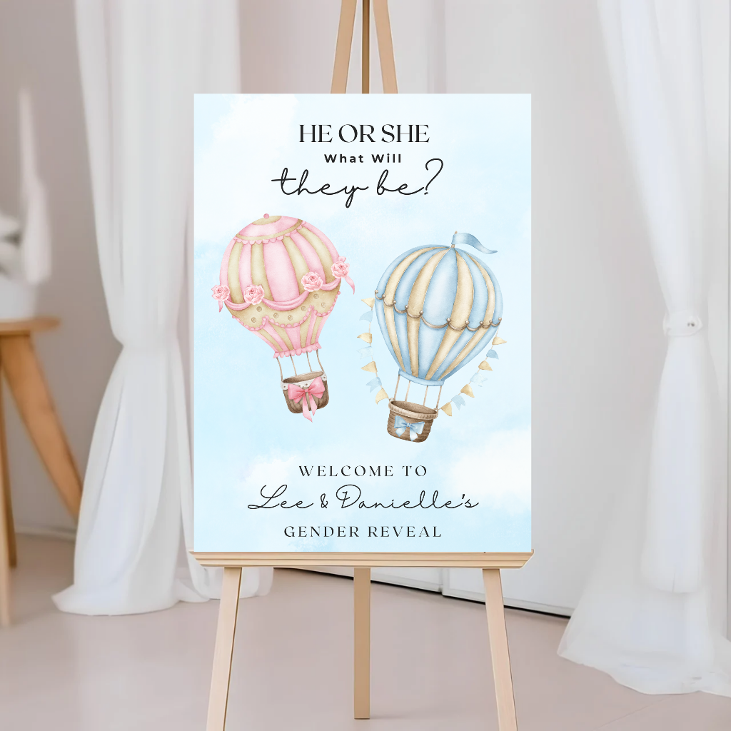 Pink Blue Hot Air Balloon Gender Reveal Welcome Board Sign | Personalised Gender Reveal Board | Party Sign | A4, A3, A2