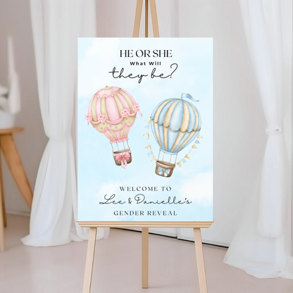 Pink Blue Hot Air Balloon Gender Reveal Welcome Board Sign | Personalised Gender Reveal Board | Party Sign | A4, A3, A2