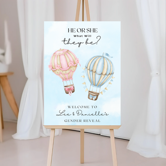 Pink Blue Hot Air Balloon Gender Reveal Welcome Board Sign | Personalised Gender Reveal Board | Party Sign | A4, A3, A2