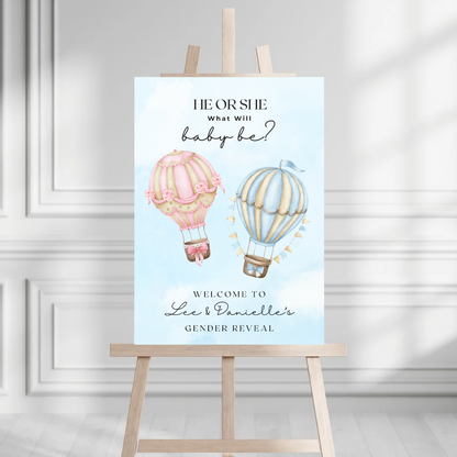 Pink Blue Hot Air Balloon Gender Reveal Welcome Board Sign | Personalised Gender Reveal Board | Party Sign | A4, A3, A2