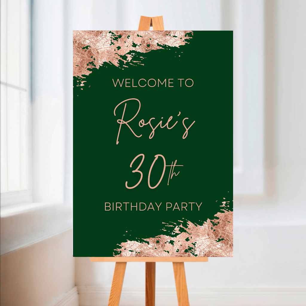 Green & Rose Gold Welcome Board Sign | Personalised Birthday Board | Birthday Party Sign | A4, A3, A2 - Dinky Designs