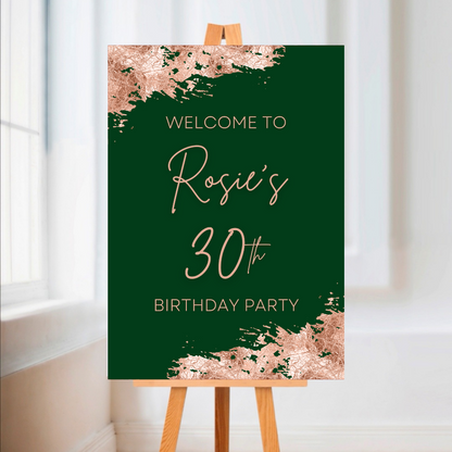 Green & Rose Gold Welcome Board Sign | Personalised Birthday Board | Birthday Party Sign | A4, A3, A2 - Dinky Designs