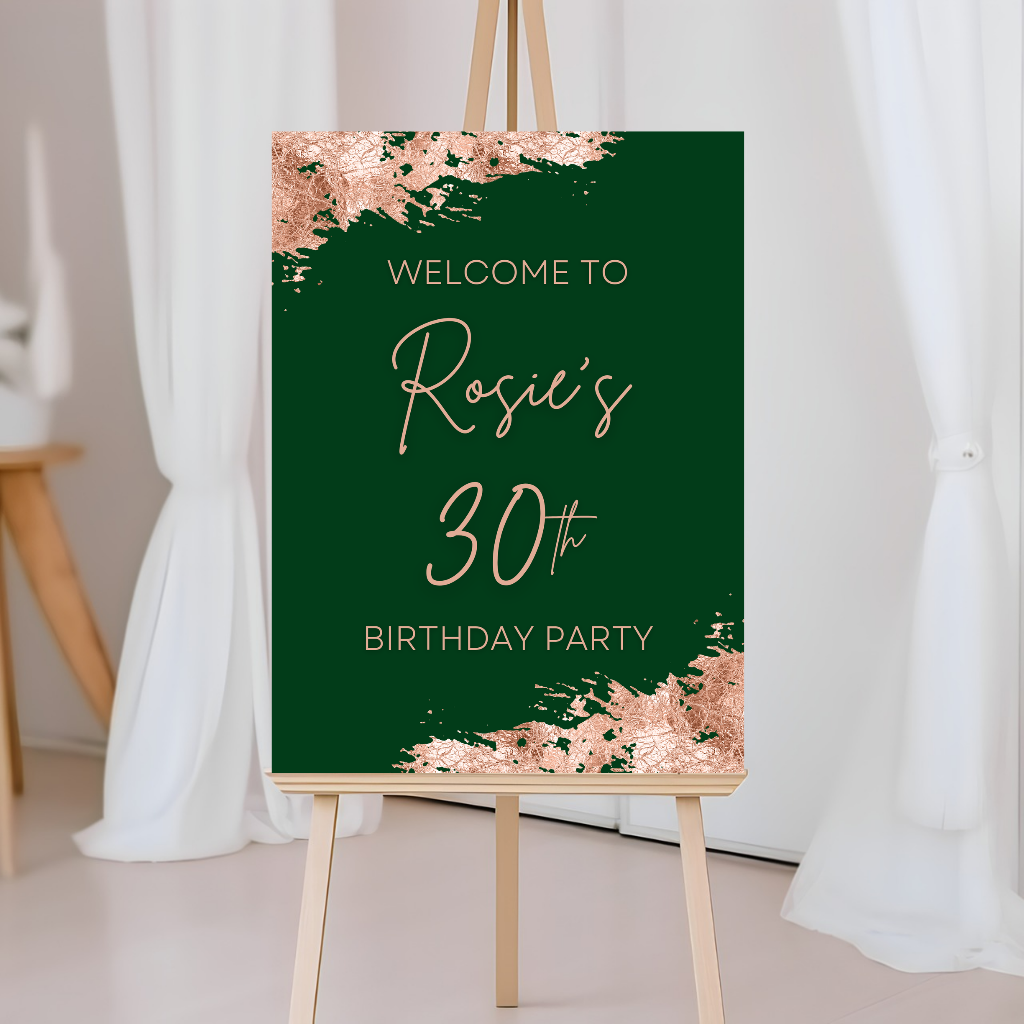 Green & Rose Gold Welcome Board Sign | Personalised Birthday Board | Birthday Party Sign | A4, A3, A2 - Dinky Designs