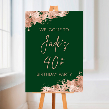 Green & Rose Gold Welcome Board Sign | Personalised Birthday Board | Birthday Party Sign | A4, A3, A2 - Dinky Designs