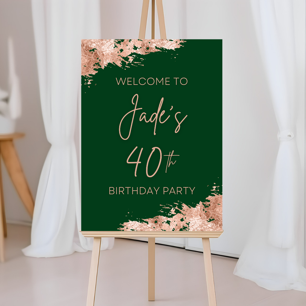 Green & Rose Gold Welcome Board Sign | Personalised Birthday Board | Birthday Party Sign | A4, A3, A2 - Dinky Designs