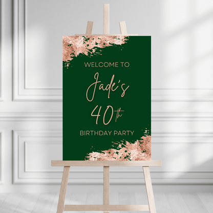Green & Rose Gold Welcome Board Sign | Personalised Birthday Board | Birthday Party Sign | A4, A3, A2 - Dinky Designs