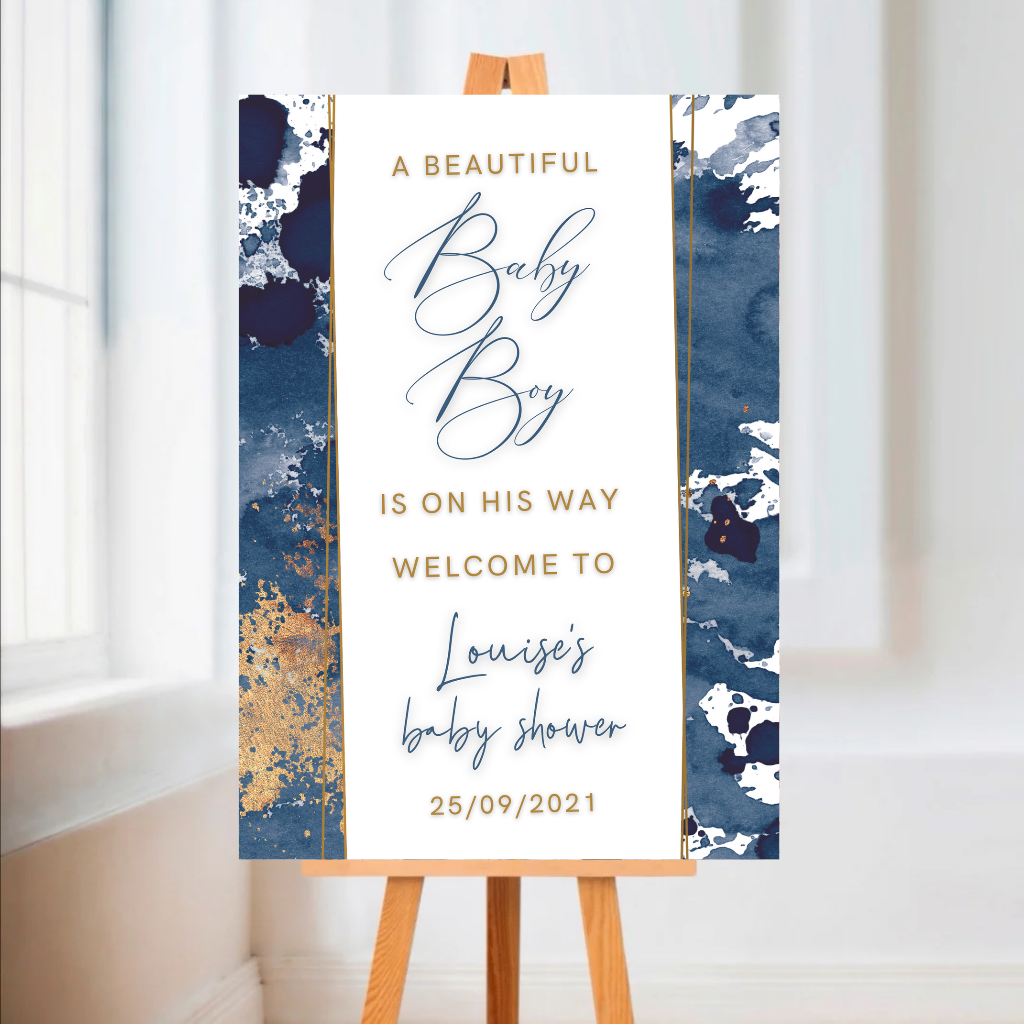 Personalised Navy Blue & Gold Welcome Board Sign | Baby Shower Board | Christening Board | Baby Shower Sign | Party Sign | A4, A3, A2 - Dinky Designs