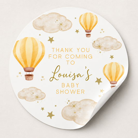 Yellow Hot Air Balloon Party Circle Stickers | Baby Shower, Birthday Party Stickers | Yellow Hot Air Balloon Party Bag Labels