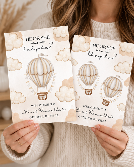 Neutral Beige Hot Air Balloon Gender Reveal Welcome Sign | Personalised Gender Reveal Table Print | Party Poster Sign | A4, A3
