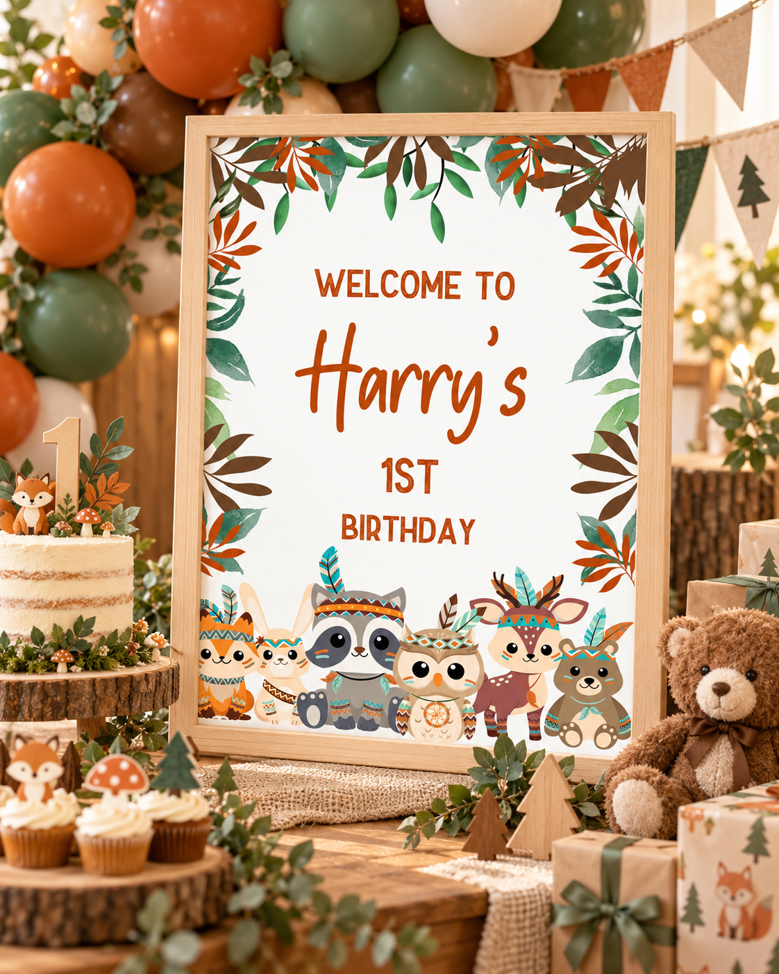 Woodland Animal Welcome Sign | Personalised Baby Shower, Birthday Party Poster | Party Sign | A4, A3 - Dinky Designs