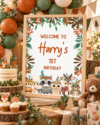 Woodland Animal Welcome Sign | Personalised Baby Shower, Birthday Party Poster | Party Sign | A4, A3 - Dinky Designs