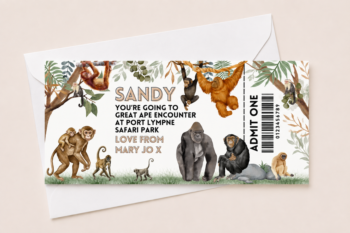Surprise Ticket Print | Personalised Monkey, Ape, Orangutang Ticket Pass Voucher Membership | Gift Idea - Dinky Designs