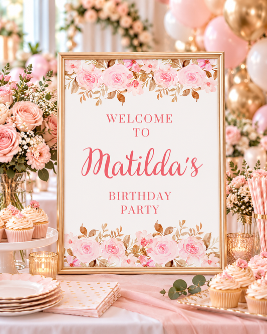 Pink Floral Roses Welcome Sign | Personalised Baby Shower, Birthday Party Table Print | Party Sign | A4, A3 - Dinky Designs