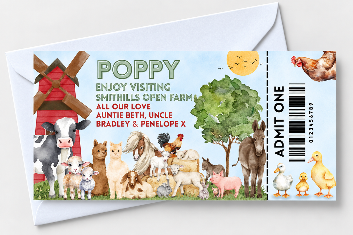 Surprise Ticket Print | Personalised Farm Ticket Pass Voucher Membership | Gift Idea - Dinky Designs