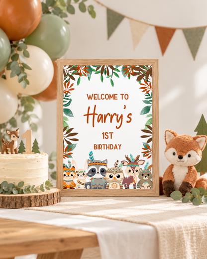 Woodland Animal Welcome Sign | Personalised Baby Shower, Birthday Party Poster | Party Sign | A4, A3 - Dinky Designs