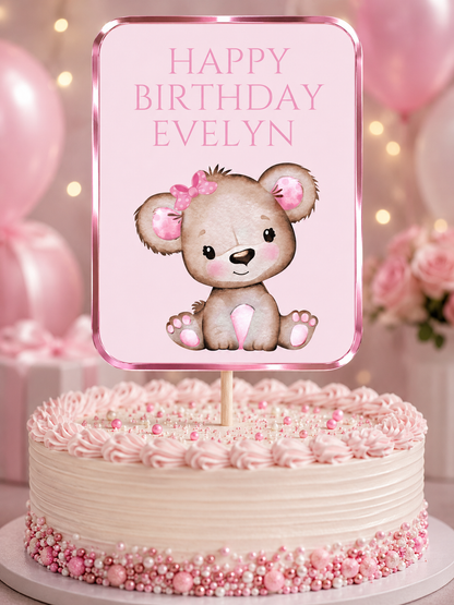 Cake Topper | Personalised Pink Teddy Bear Cake Topper | Pink Teddy Bear Party Supplies - Dinky Designs